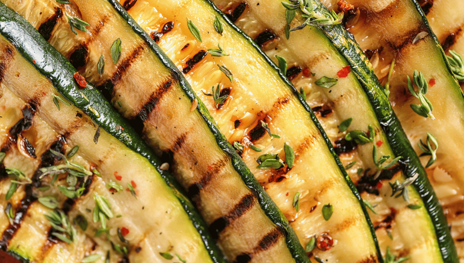 Saftig gegrillte Zucchinischeiben mit Olivenöl, Thymian und Chiliflocken nach dem Zucchini Grillen Marinade Rezept
