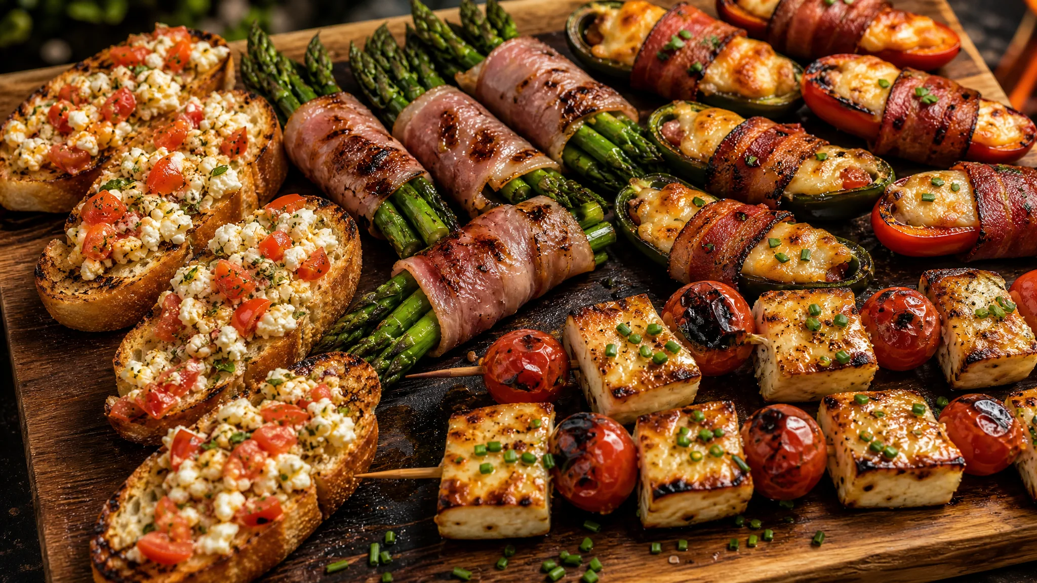 Fingerfood als Beilage zum Grillen. Auf einer Holzplatte angerichtete Finger-Food-Leckereien, Bohnen im Speckmantel, Baguette mit Tomate-Mozzarella Kombination, und leckere Hähnchen-Tomaten-Spieße.
