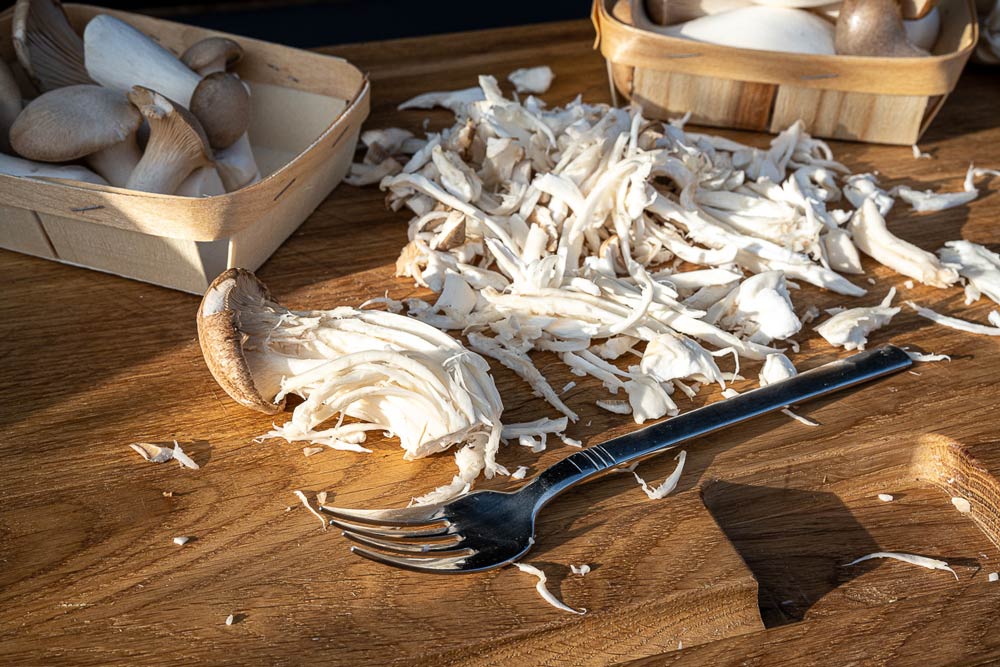 Kräuterseitlinge mit Gabel längs zupfen, um Pulled Pork ähnliche Fasern zu erzeugen.