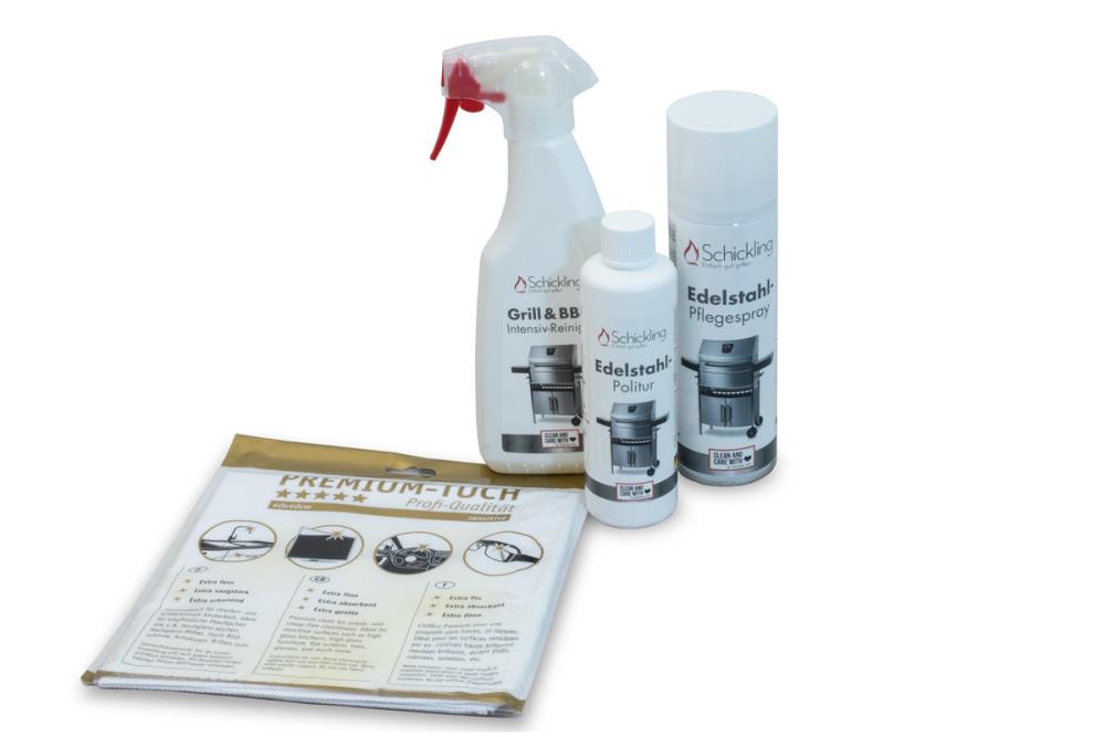 Intensiv-Reiniger, Pflegespray, Edelstahl-Politur und ein Premium-Tuch Intensiv-Reiniger, Pflegespray, Edelstahl-Politur und ein Premium-Tuch