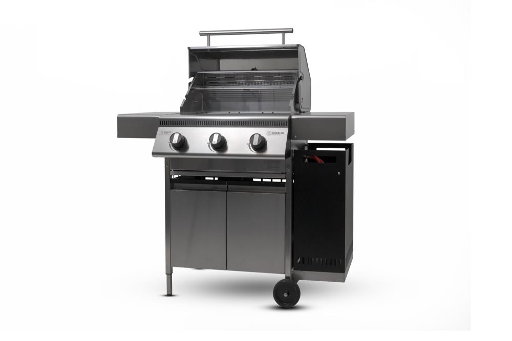 Die Gasflaschenhalterung sitzt seitlich am Grill Die Gasflaschenhalterung sitzt seitlich am Grill