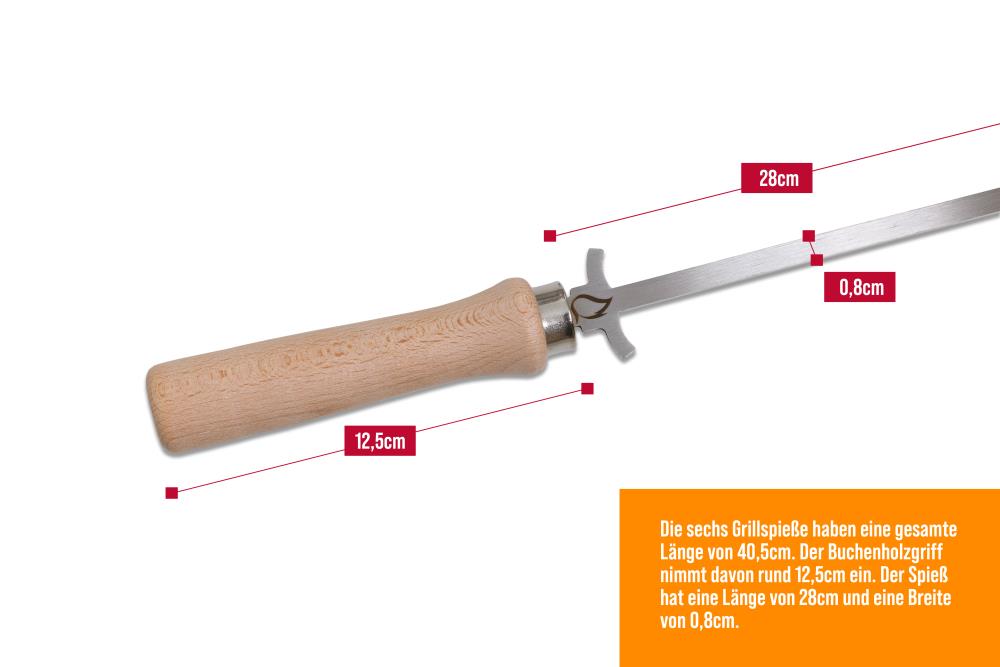 Gesamtlänge Grillspieß: 40,5 cm, Länge Buchenholzgriff: 12,5 cm; Länge Spieß: 28 cm Gesamtlänge Grillspieß: 40,5 cm, Länge Buchenholzgriff: 12,5 cm; Länge Spieß: 28 cm
