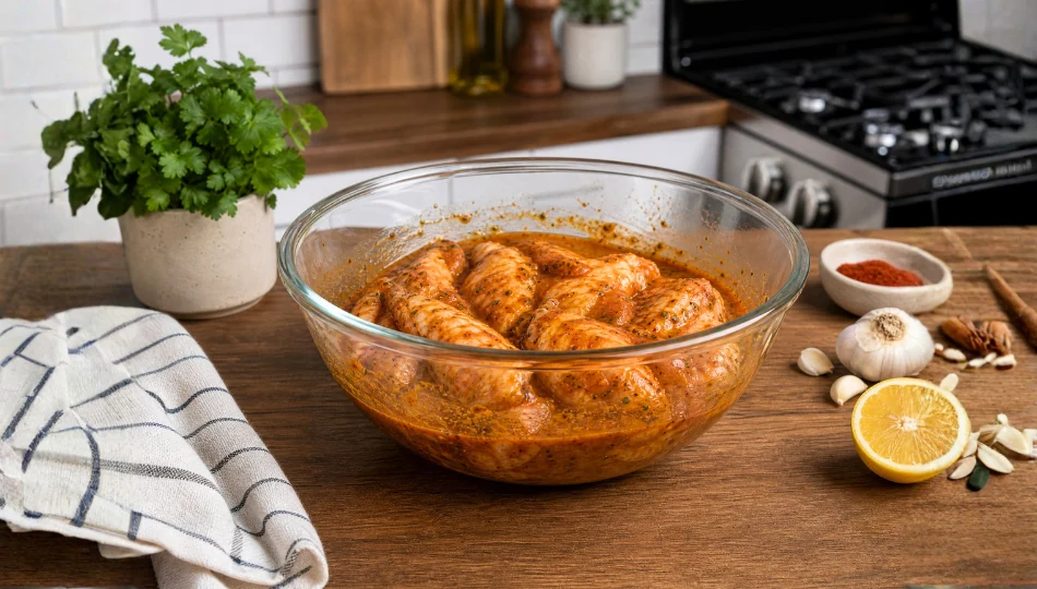 Frische Hähnchenflügel in einer Glasschüssel beim Marinieren mit einer rötlich-würzigen Chicken Wings Marinade auf einer Holz-Küchenzeile.